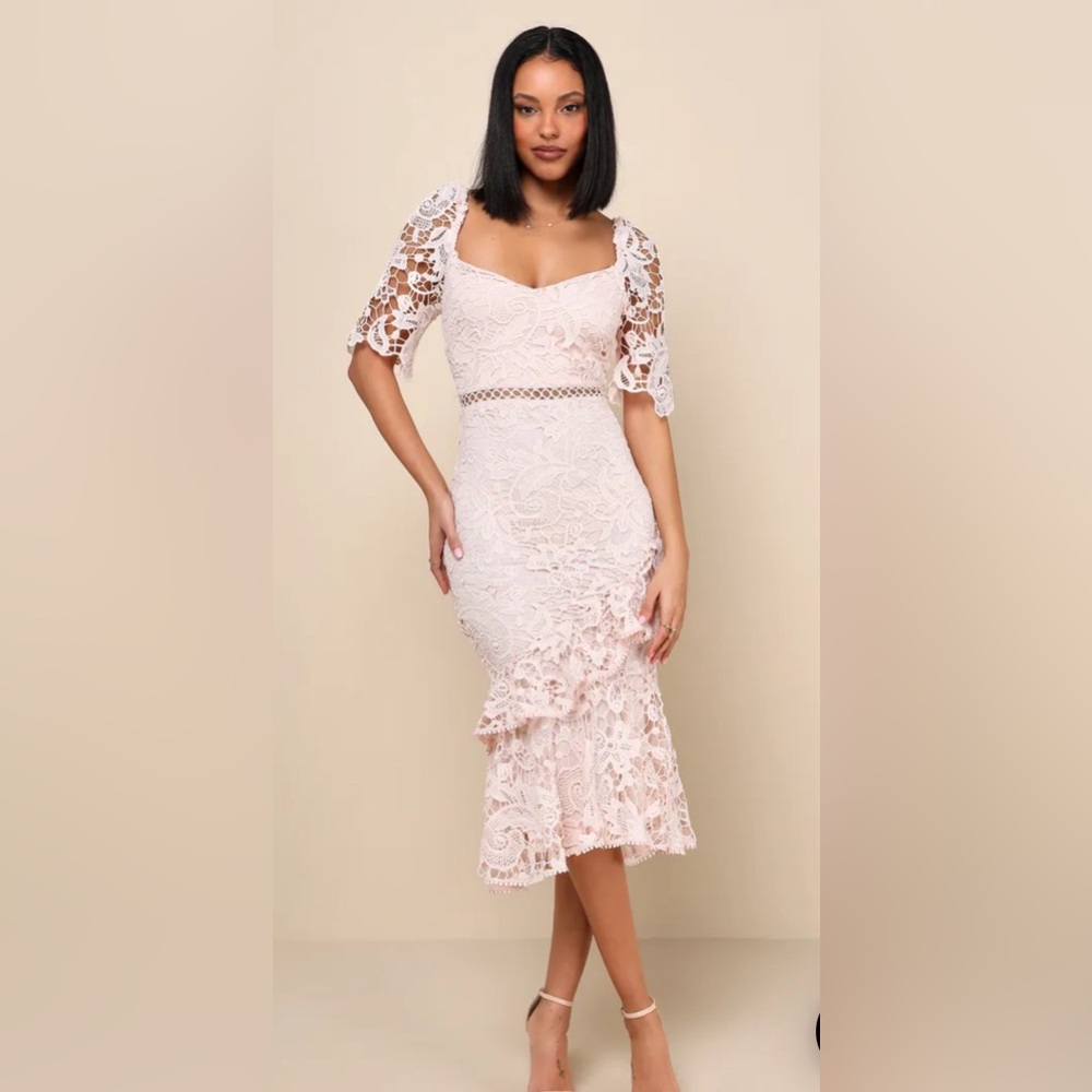 Lulus Briarwood Blush Pink Lace Ruffled Midi Dress